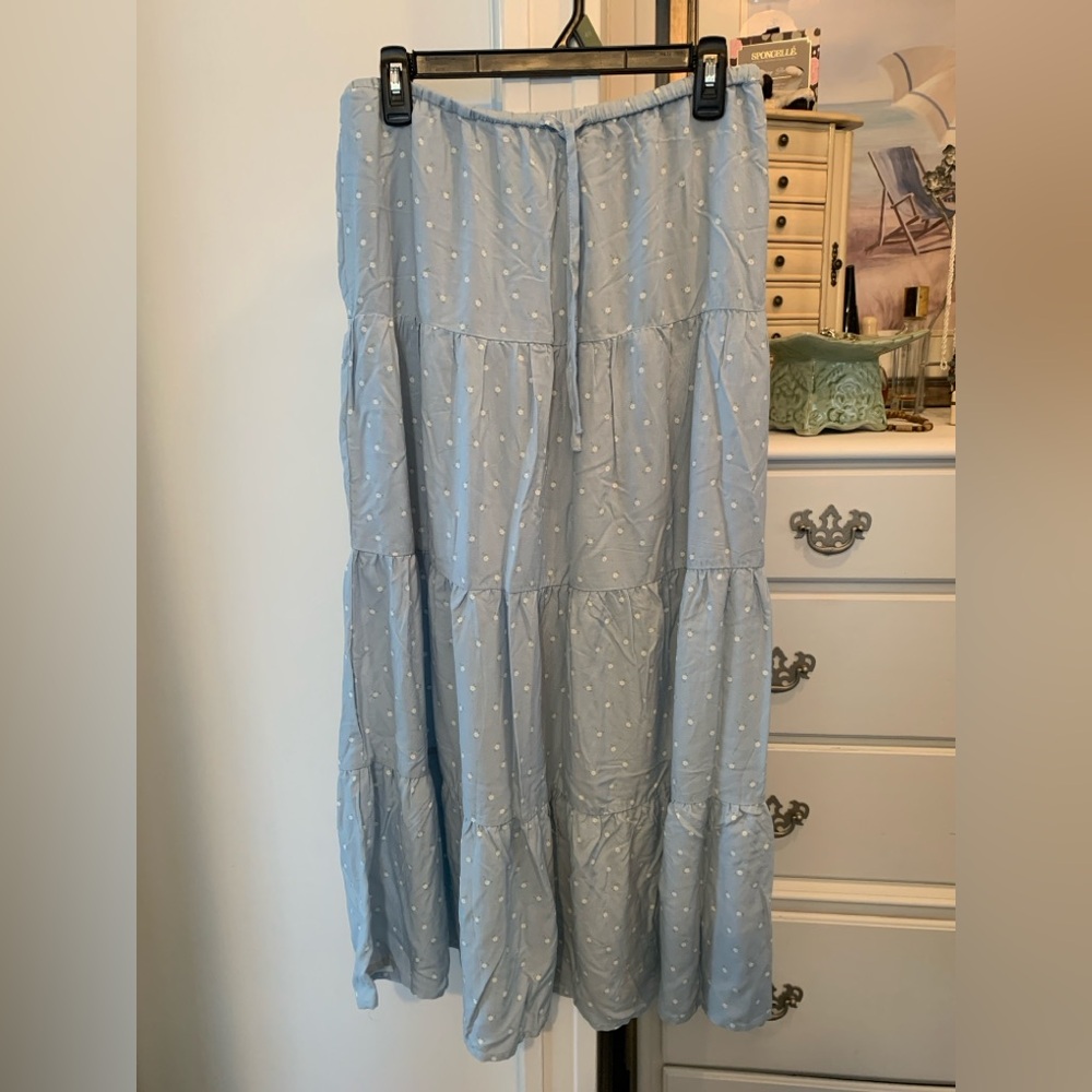 NWT Aeropostal Pastel Blue Poke A Dot Maxi Tiered Elastic Tie Waist Skirt